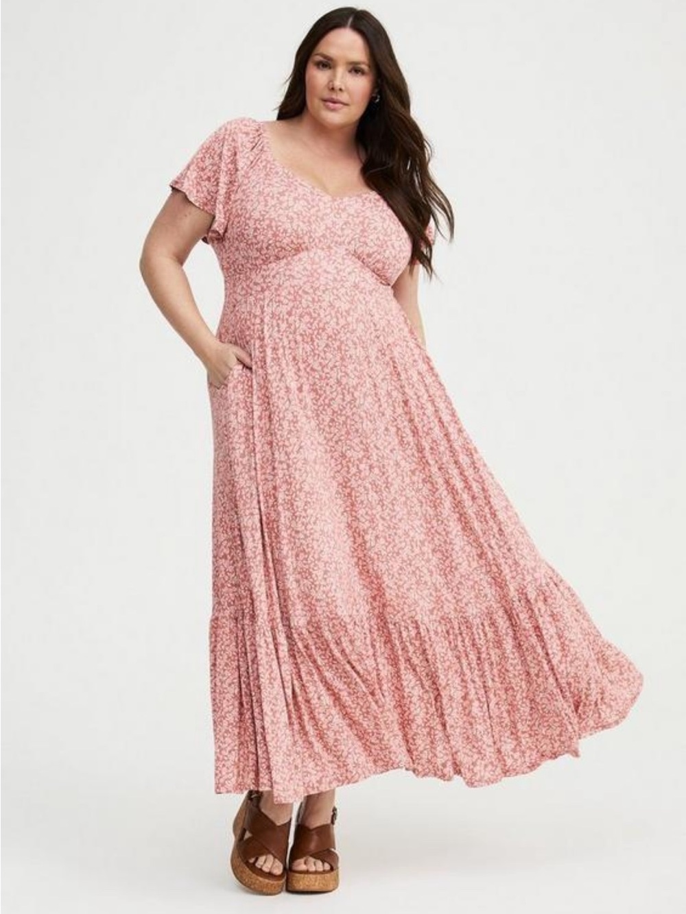 Torrid Flutter Sleeve Tier Maxi Floral Coral Pink Dress Large 00